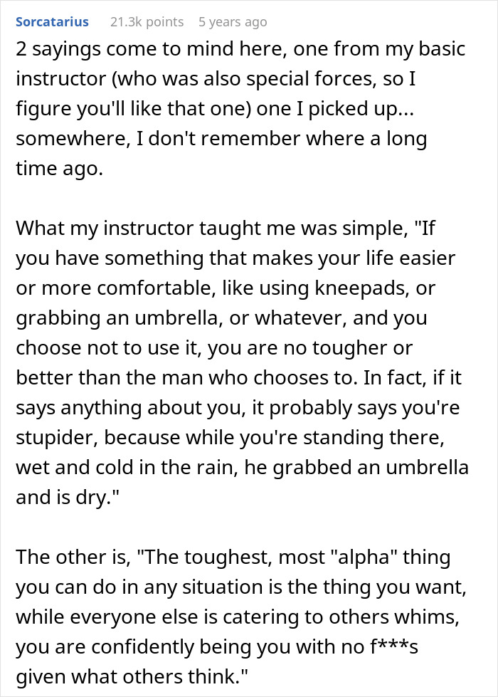 Comment text discussing sayings about practicality and confidence, related to guys buying shawls and their girlfriends calling them gay.