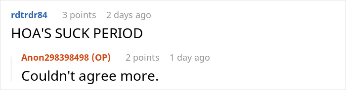 Screenshot of an online comment thread discussing an HOA board member refusing to follow pet ownership rules.
