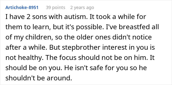 User comment text about 11-year-old acting creepy around stepsister who just gave birth, concern over safety and lack of parental help.