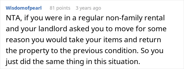 Reddit comment discussing parents kicking out daughter to move into her remodeled room and her reclaiming belongings.