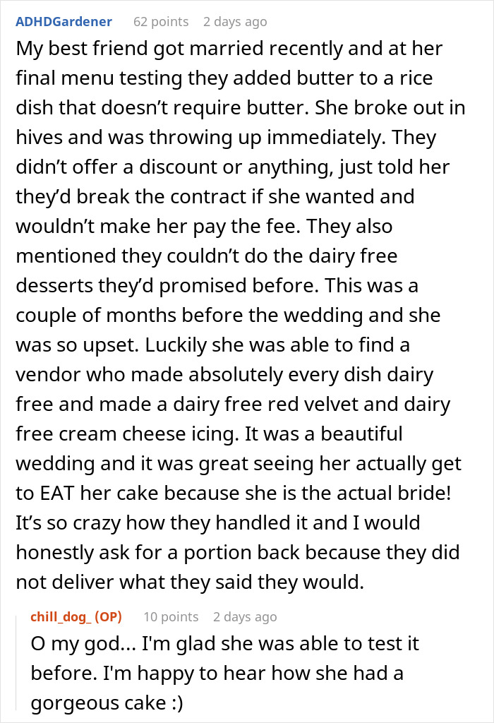 Reddit post describing wedding vendors failing to provide cupcakes due to bride&rsquo;s allergy, causing stress before the event.
