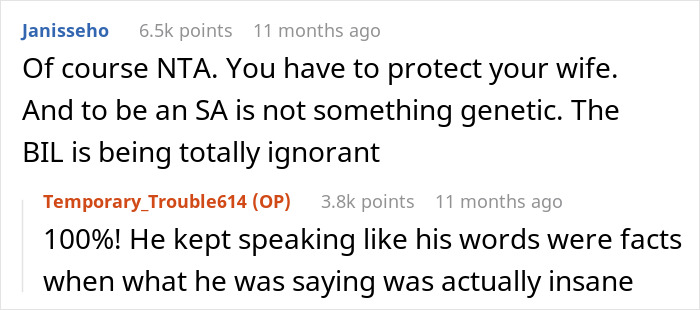 Reddit discussion excerpt showing users debating a man banned from Thanksgiving after upsetting BIL&rsquo;s wife with his theory.