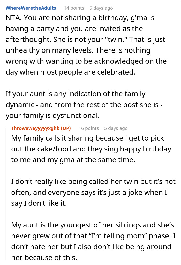 Reddit discussion about 17YO venting over sharing birthday with grandma, aunt overhears and sparks family drama.