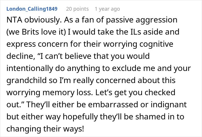 Comment discussing a mom refusing family dinners after being ignored by her in-laws due to passive aggression. Comment discussing a mom refusing family dinners after being ignored by her in-laws due to passive aggression.