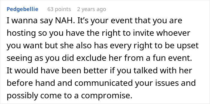 User comment defending excluding a friend from extravagant ball, discussing aesthetic and reality check issues.