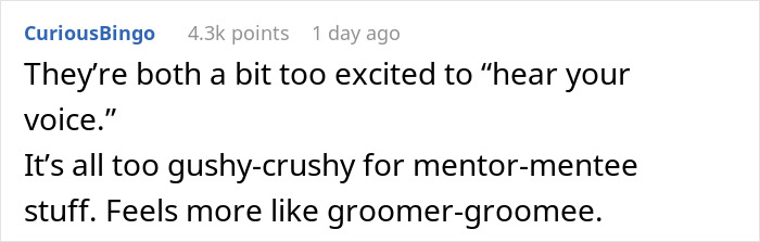Screenshot of a Reddit comment discussing a 43-year-old texting a former student, debating if it's appropriate behavior.