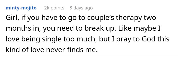 Comment from user minty-mojito warning about couple&rsquo;s therapy two months in and suggesting breakup to avoid serial cheater issues.