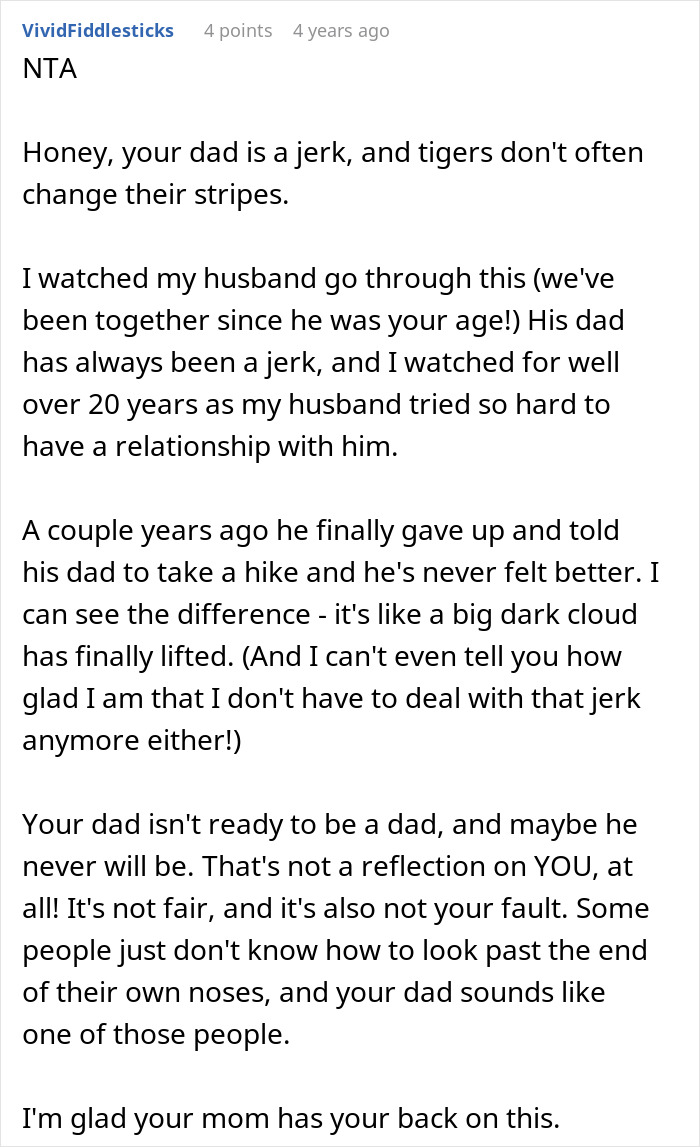 Commenter discusses teen tells dad cake fail and strained father-teen relationship with emotional support from mom.