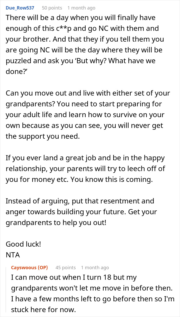 Screenshot of a Reddit conversation about toxic parents favoring a golden child son while the younger son refuses house help.