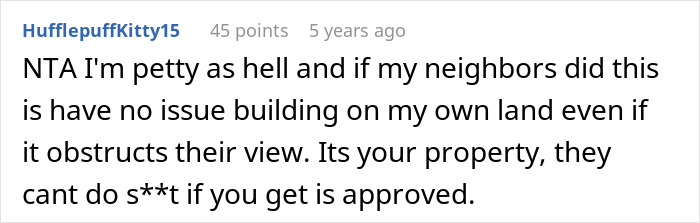 Screenshot of an online comment where a user discusses standing up to rude neighbors trying to take their land.