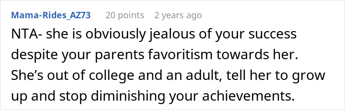 Comment text on a social platform discussing jealousy and college success related to a golden child getting a reality check.