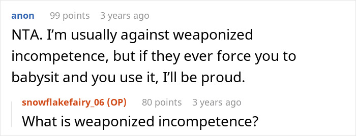 Screenshot of an online discussion about a paralyzed woman refusing to babysit and related social life opinions.