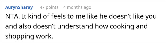 Comment discussing a husband yelling at wife for cooking the same meal after restricting ingredient purchases in an online forum.
