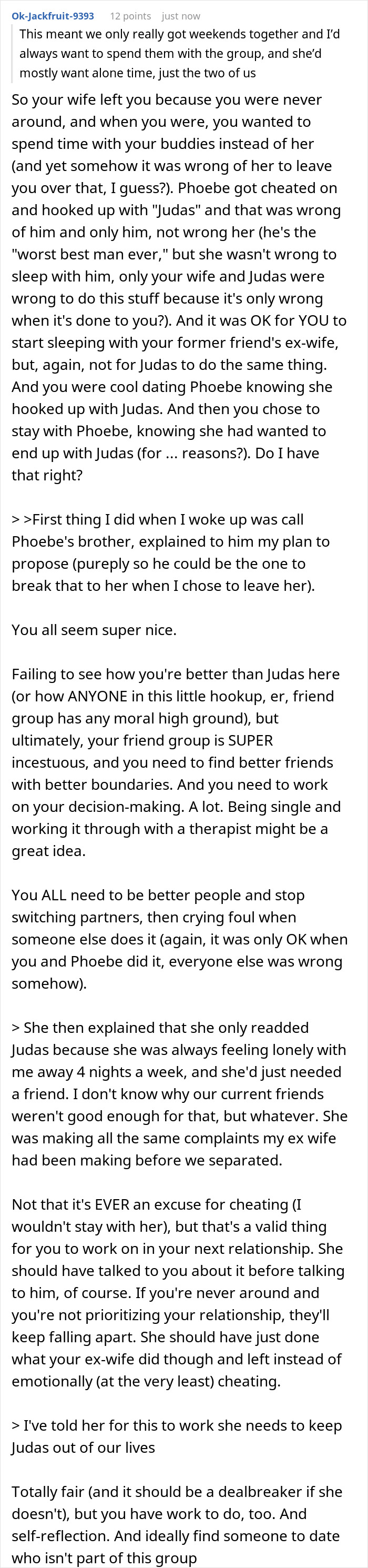 Text conversation discussing a man discovering his ex-wife cheated with the best man and fearing similar betrayal.