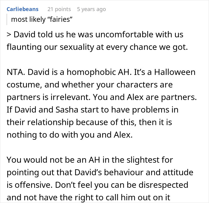 Alt text: Online comment discussing masculinity so fragile in reaction to Halloween costume causing relationship issues.