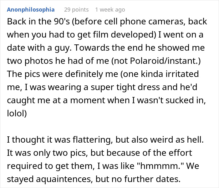 Comment about a guy finding creepy secret photos his girlfriend took after weeks of dating in an online forum.