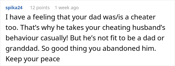Screenshot of an online comment discussing a man siding with his daughter&rsquo;s cheating ex during divorce, criticizing his behavior.