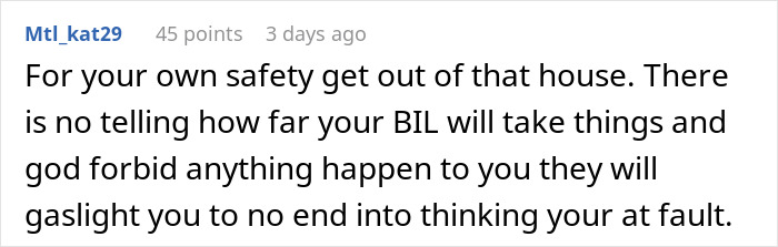 Comment warning about creepy BIL and advising safety, related to relationship issues and removing a wedding ring.