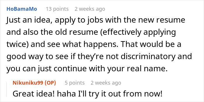 Screenshot of a Reddit conversation discussing applying to jobs with different resumes to test name-based discrimination.