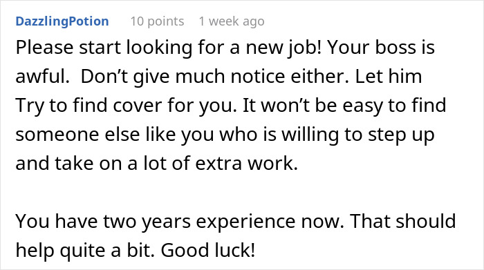 Screenshot of an online comment advising a worker to find a new job for going above and beyond at work.