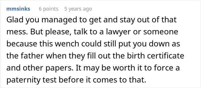 Screenshot of a comment warning about a cheater using a baby lie to trap her ex, advising a paternity test for peace.
