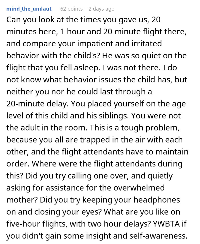 Reddit comment discussing a man telling a disruptive kid on a plane to shut up, upsetting the mom.