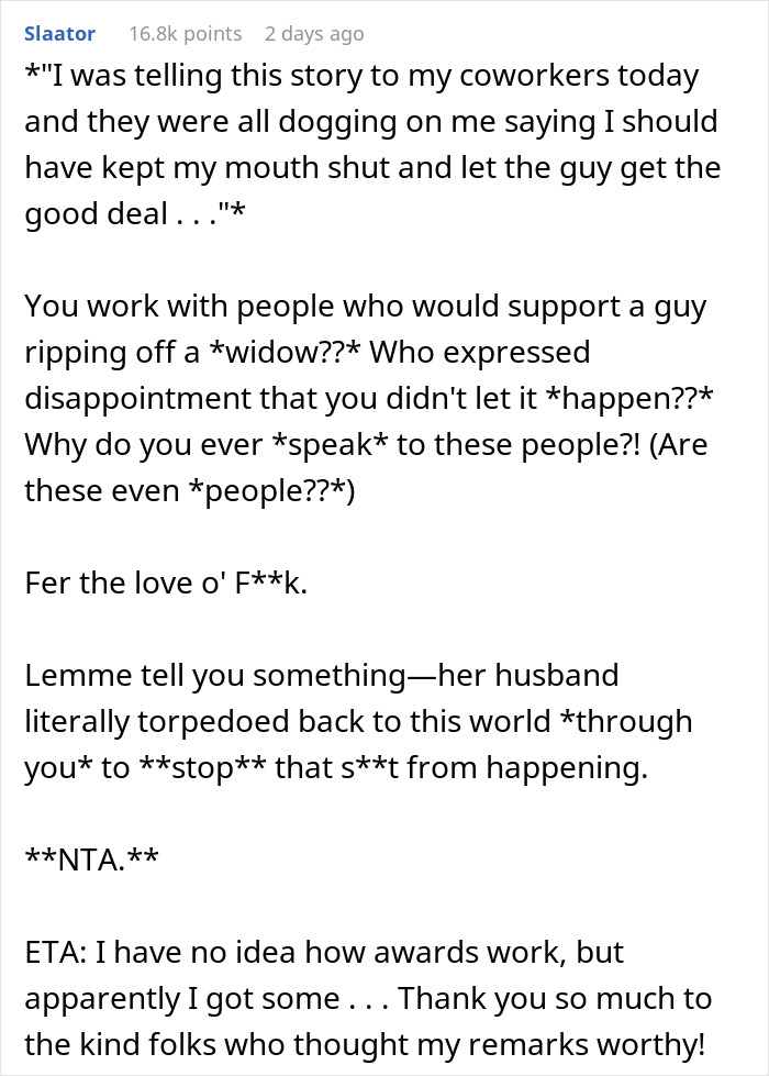 Widow stands firm as a rich guy tries to buy late hubby&rsquo;s golf clubs at low price, stranger intervenes.