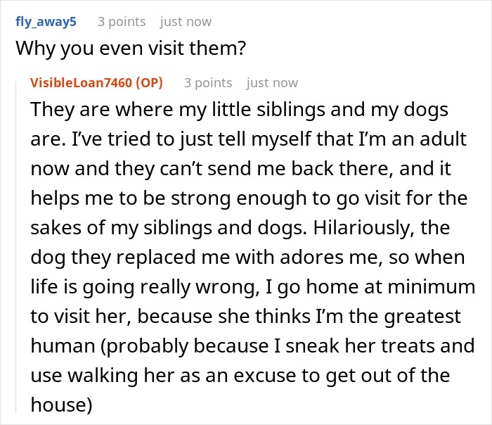 Screenshot of a heartfelt online discussion about a teen dumped by parents at boarding school, expressing ongoing anger and pain.