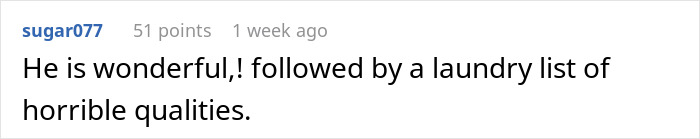 Comment expressing mixed feelings about a husband&rsquo;s qualities in a discussion about absentee husband and family concerns.