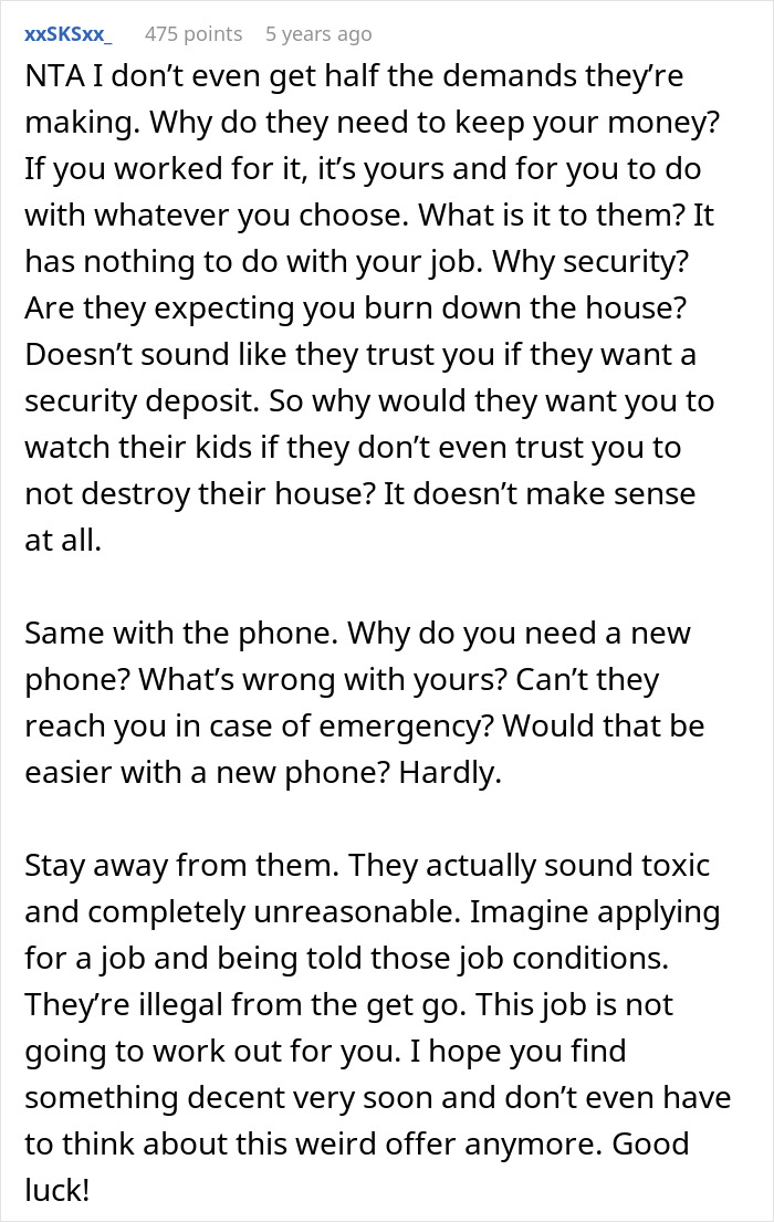 Reddit comment discussing unreasonable demands in a live-in nanny job offer and advice to avoid the toxic situation.