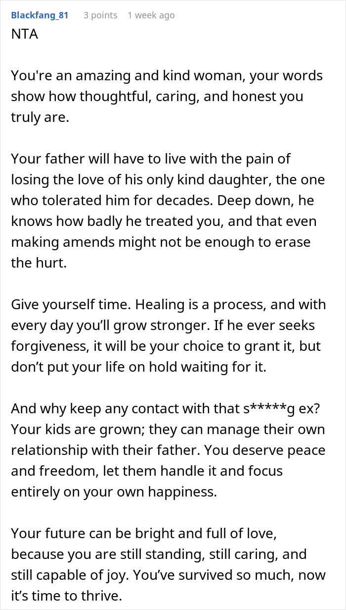 Screenshot of a heartfelt online comment supporting a daughter during divorce with cheating ex, highlighting family pain and healing.