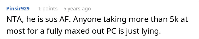 Screenshot of an online comment discussing doubts about costs of building a fully maxed out PC, related to tummy tuck savings.