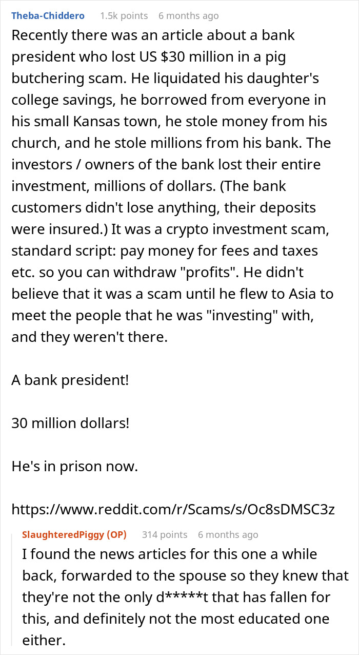 Reddit conversation about an educated person falling for a scam investment, resulting in zero savings and huge debt. Reddit conversation about an educated person falling for a scam investment, resulting in zero savings and huge debt.
