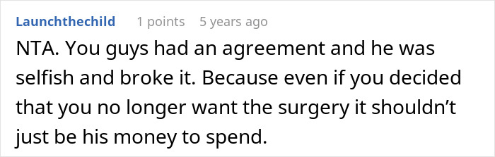 Screenshot of a forum comment discussing a woman&rsquo;s dream of having a tummy tuck ruined after husband takes her $15k savings.