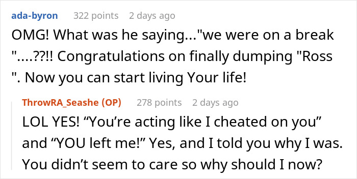 Screenshot of a heated Reddit conversation about a man proposing shortly after his girlfriend dumped him and her refusal reveals his true colors.