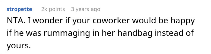 Screenshot of a forum comment discussing a coworker snooping around in a woman&rsquo;s purse and the fallout after she reports him.