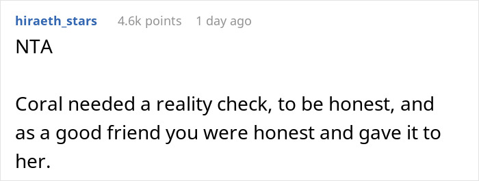 Screenshot of a Reddit comment discussing a bride getting a reality check about planning an elaborate wedding without spending a cent.
