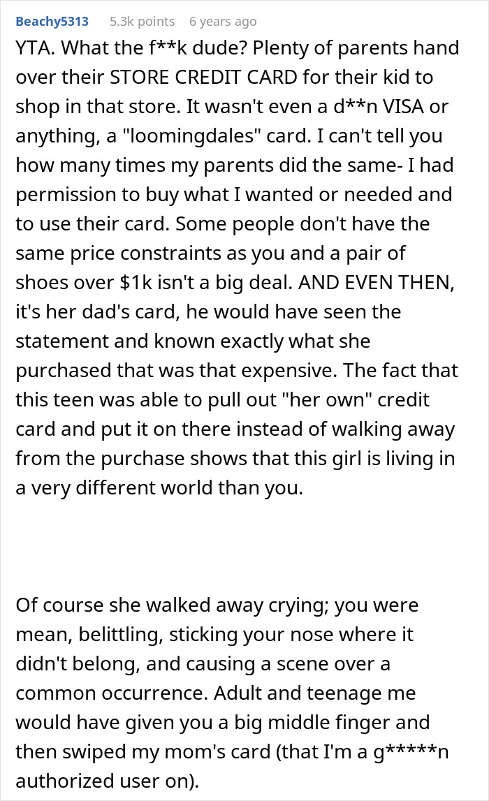 Comment discussing a woman acting as fraud police at a store, causing a teen distress over boots purchase.