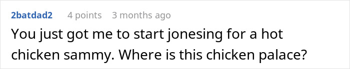 Comment about dad stealing spicy chicken sandwich for his kid causing chaos after child vomits everywhere, on a discussion forum.