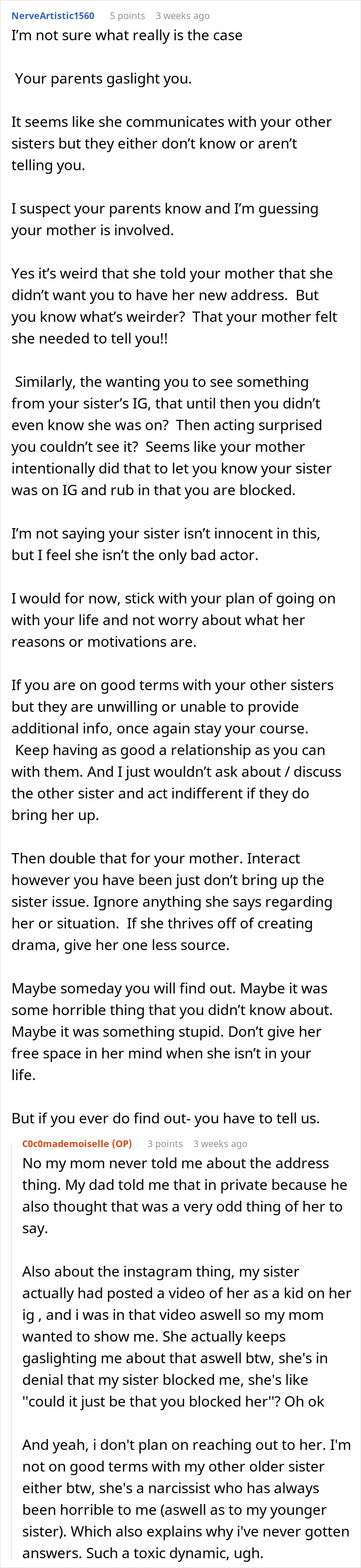 Text conversation about sibling cutting off contact and being blocked on Instagram, parents gaslighting and ignoring issues.