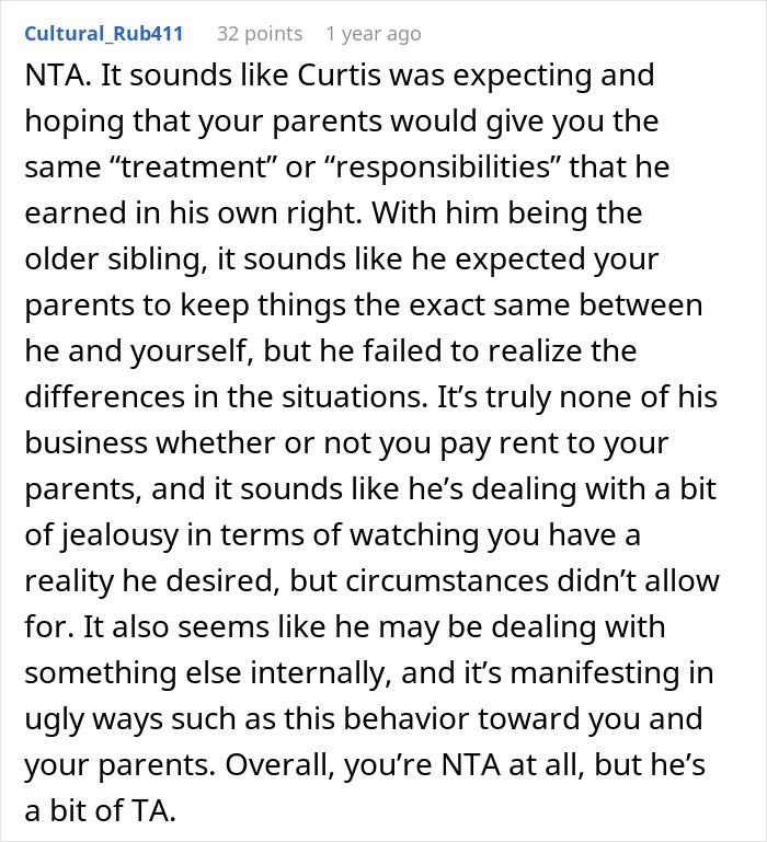 Comment discussing a woman calling out her controlling brother after being labeled the golden child by him.