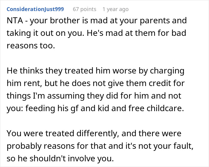 Comment discussing a woman calling out her brother for being controlling and labeling her as the golden child.