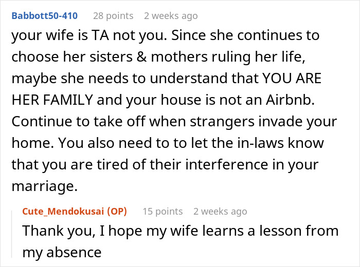 Comment discussing husband refusing to host wife's distant relatives due to lack of thanks and family boundaries issues