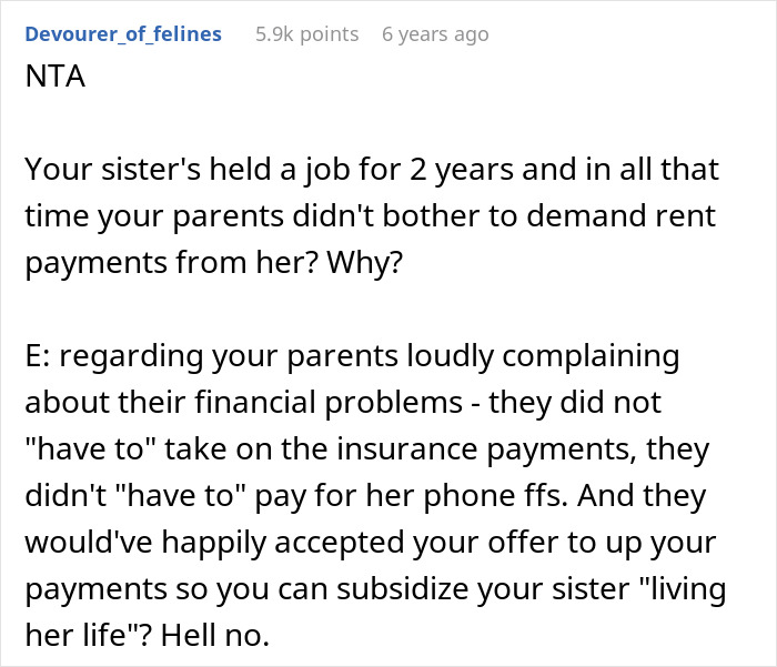 Sibling refuses to pay rent to parents after discovering sister lives rent free while parents complain about finances.