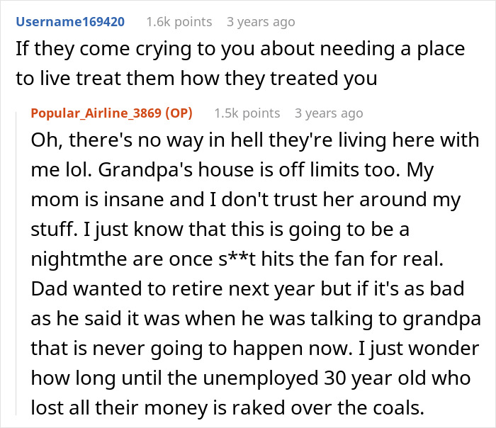 Reddit conversation discussing a 30-year-old golden child who lost parents, money, and crypto causing family conflict.