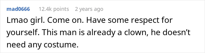 Screenshot of a Reddit comment mocking a man with debt who asked his girlfriend to take a loan for a Spiderman costume purchase.