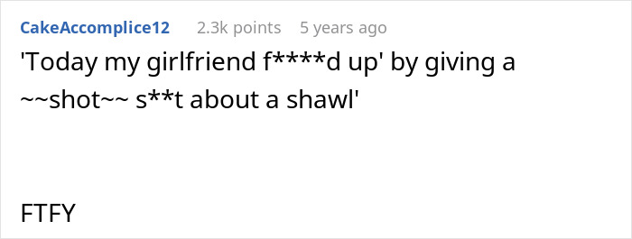 Screenshot of a Reddit comment discussing girlfriends reacting negatively to guys buying shawls and calling them gay.