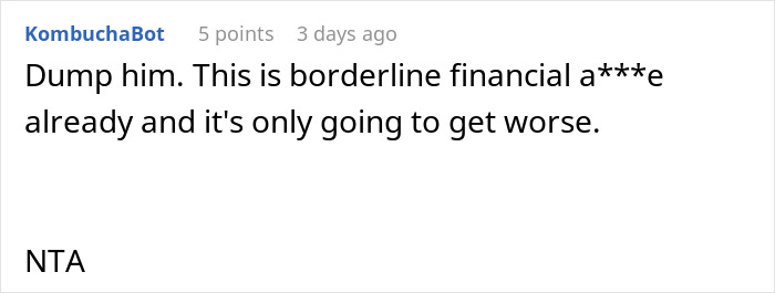 Screenshot of a comment advising to dump rich boyfriend who demands equal split rent while girlfriend refuses.