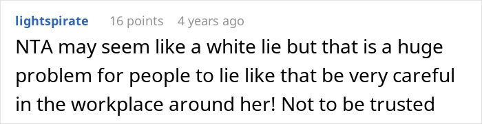 Comment by lightspirate discussing workplace trust issues related to lying, highlighting a woman embarrassing new colleague using a language she claimed to know well.