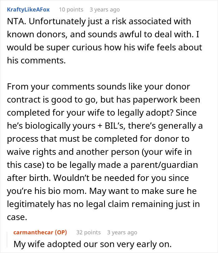 Reddit discussion about IVF donor rights and legal parenting after guy helps sister-in-law conceive a child.